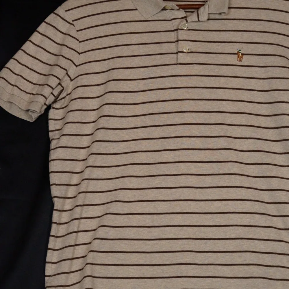 Polo Ralph Lauren Polo Shirt Mens M Beige Brown Striped Classic Fit Cotton